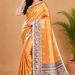 Golden Paithani Print Satin Saree