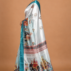 Pearl White Turquoise Folk Art Silk Saree