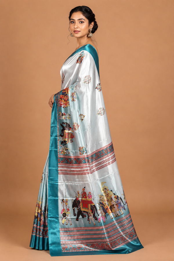 Pearl White Turquoise Folk Art Silk Saree