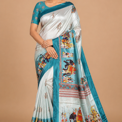 Pearl White Turquoise Folk Art Silk Saree