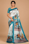 Pearl White Turquoise Folk Art Silk Saree
