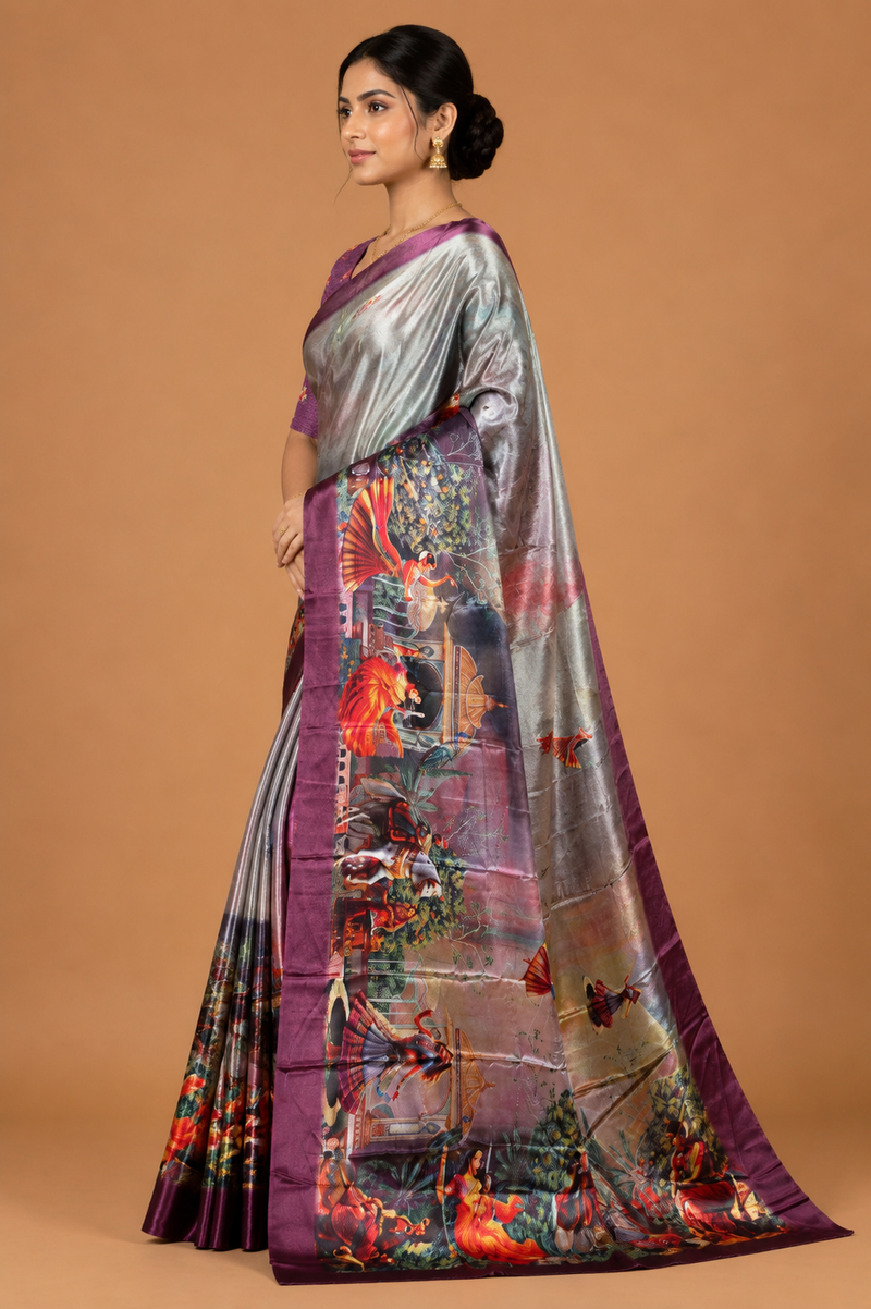 Silver Plum Fantasy Garden Silk Saree