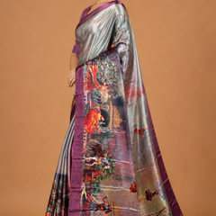 Silver Plum Fantasy Garden Silk Saree