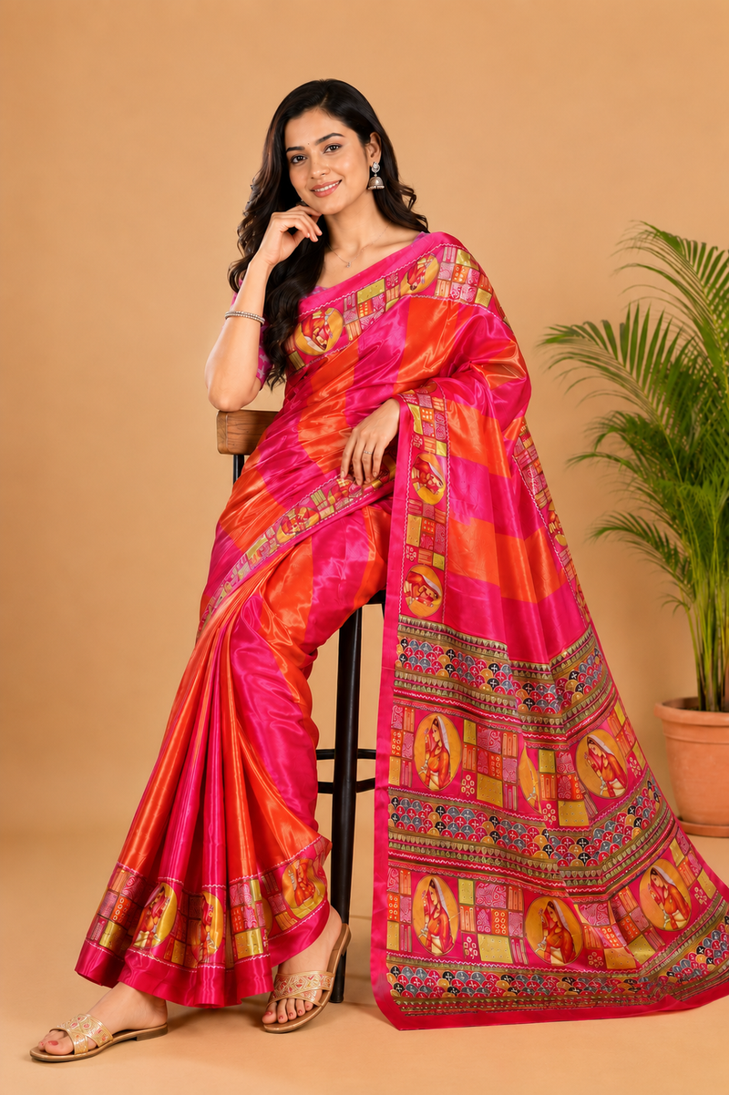 Vibrant Pink Orange Paithani Print Satin Saree