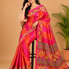 Vibrant Pink Orange Paithani Print Satin Saree