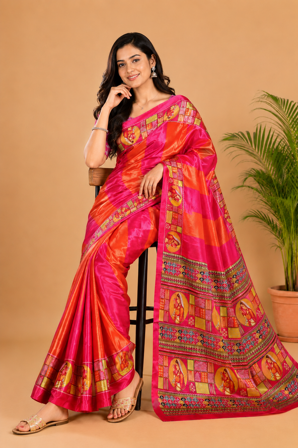 Vibrant Pink Orange Paithani Print Satin Saree