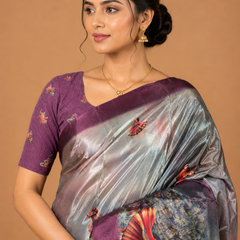 Silver Plum Fantasy Garden Silk Saree