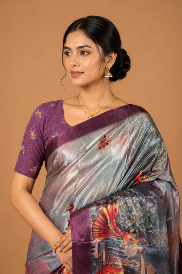 Silver Plum Fantasy Garden Silk Saree