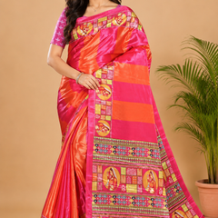 Vibrant Pink Orange Paithani Print Satin Saree