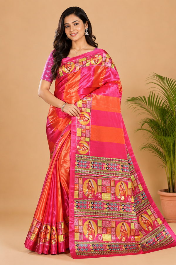 Vibrant Pink Orange Paithani Print Satin Saree