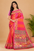 Vibrant Pink Orange Paithani Print Satin Saree