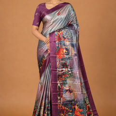 Silver Plum Fantasy Garden Silk Saree