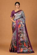 Silver Plum Fantasy Garden Silk Saree
