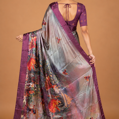 Silver Plum Fantasy Garden Silk Saree