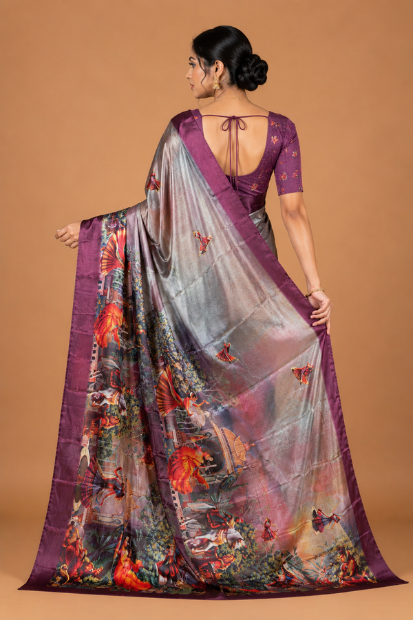 Silver Plum Fantasy Garden Silk Saree