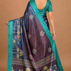 Teal Peacock Border Designer Silk Saree