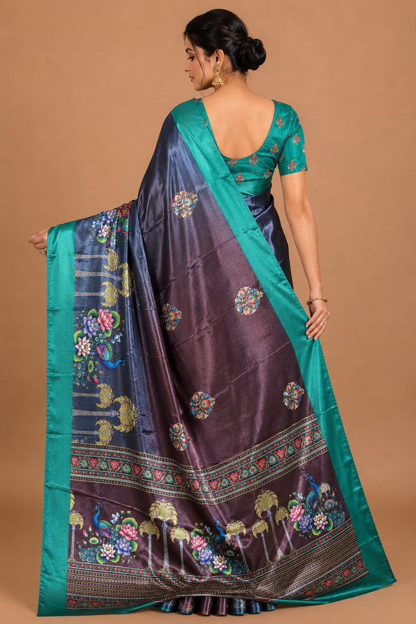 Teal Peacock Border Designer Silk Saree