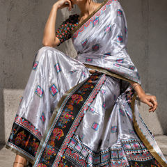 Silver Grey Paithani Print Satin Saree