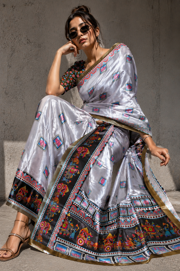 Silver Grey Paithani Print Satin Saree
