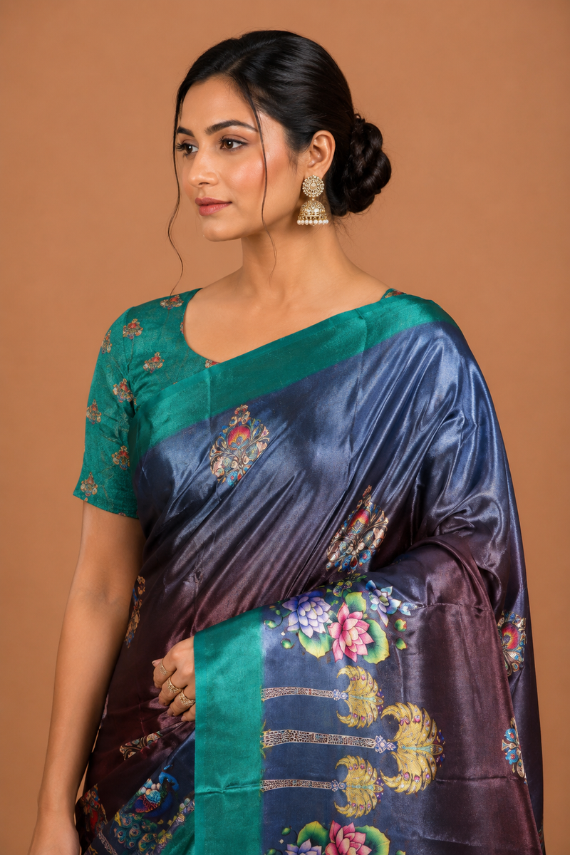 Teal Peacock Border Designer Silk Saree