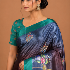Teal Peacock Border Designer Silk Saree