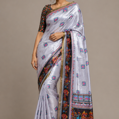 Silver Grey Paithani Print Satin Saree
