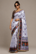 Silver Grey Paithani Print Satin Saree