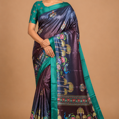 Teal Peacock Border Designer Silk Saree