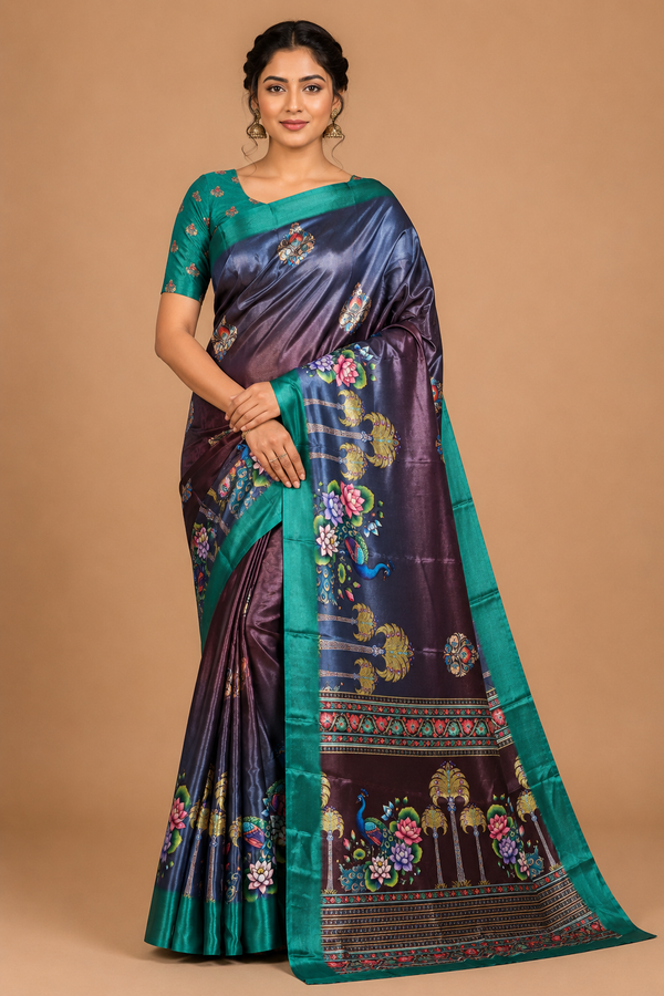 Teal Peacock Border Designer Silk Saree
