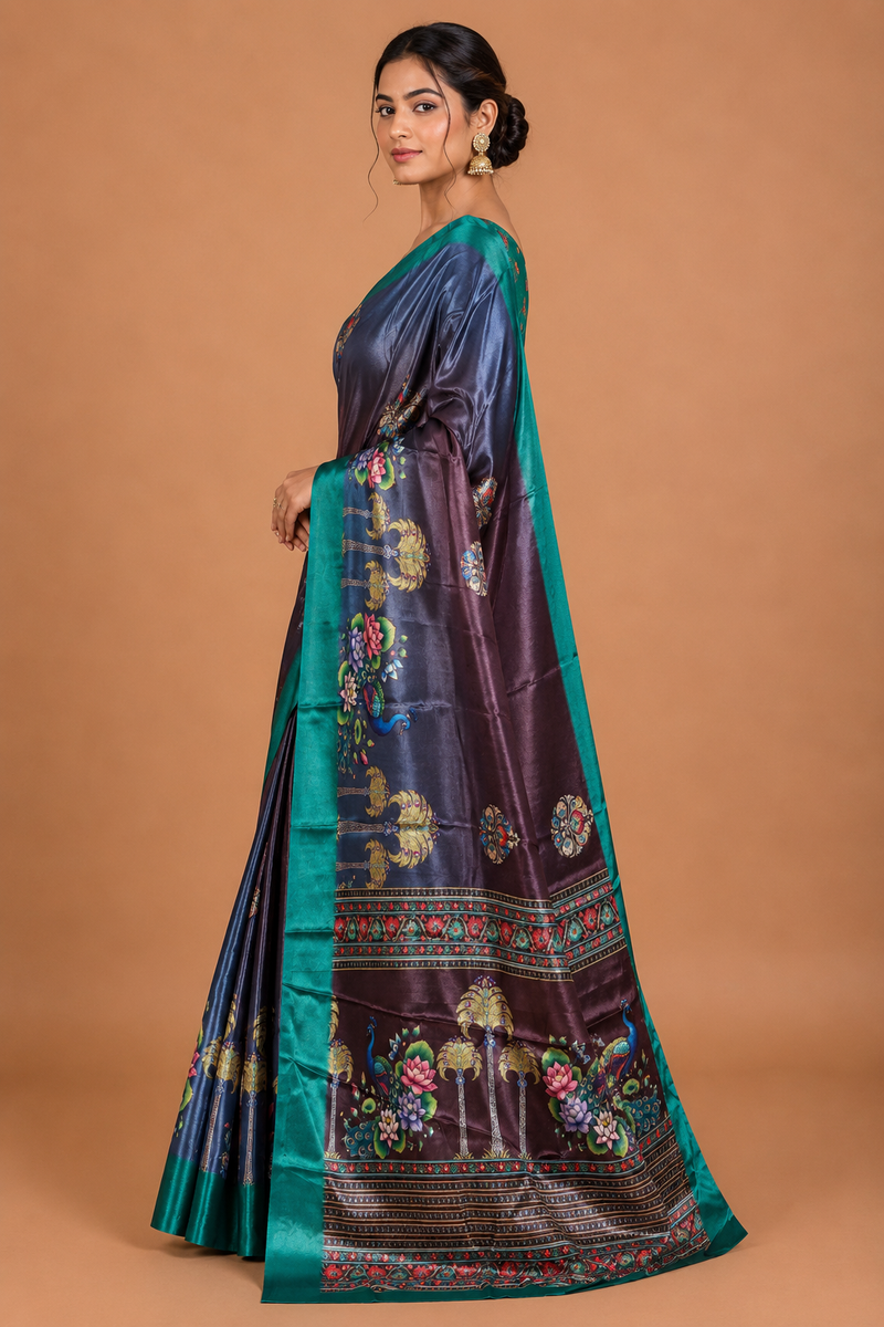 Teal Peacock Border Designer Silk Saree