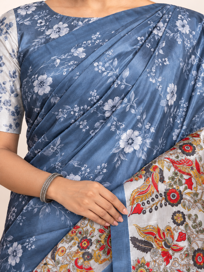 Steel Blue Paithani Print Satin Saree