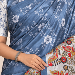Steel Blue Paithani Print Satin Saree