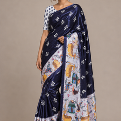 Navy Blue Paithani Print Satin Saree