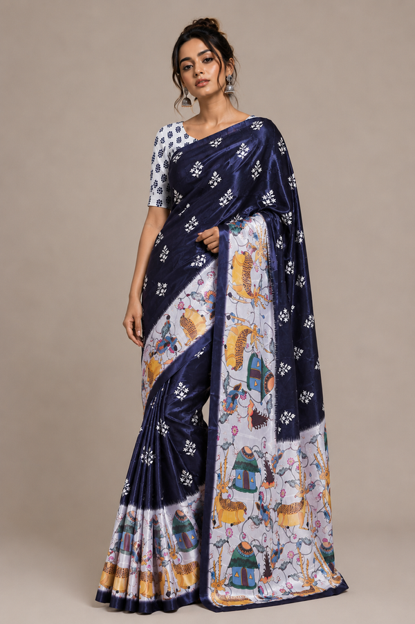 Navy Blue Paithani Print Satin Saree