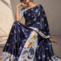 Navy Blue Paithani Print Satin Saree