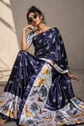 Navy Blue Paithani Print Satin Saree