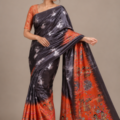 Charcoal Grey Paithani Print Satin Saree