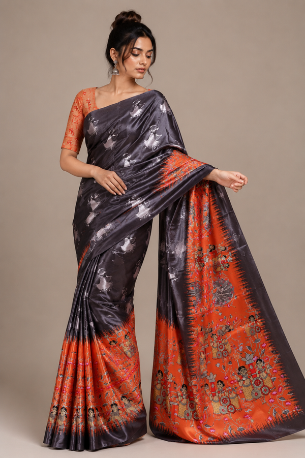 Charcoal Grey Paithani Print Satin Saree