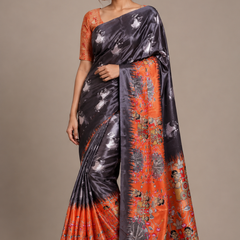 Charcoal Grey Paithani Print Satin Saree