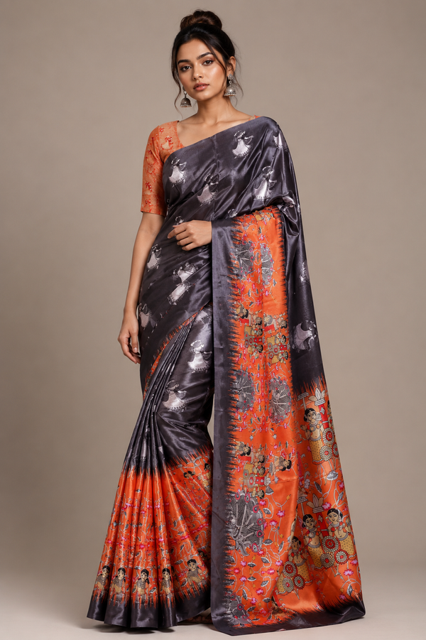 Charcoal Grey Paithani Print Satin Saree