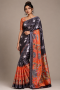 Charcoal Grey Paithani Print Satin Saree