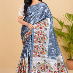 Steel Blue Paithani Print Satin Saree