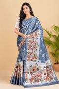 Steel Blue Paithani Print Satin Saree