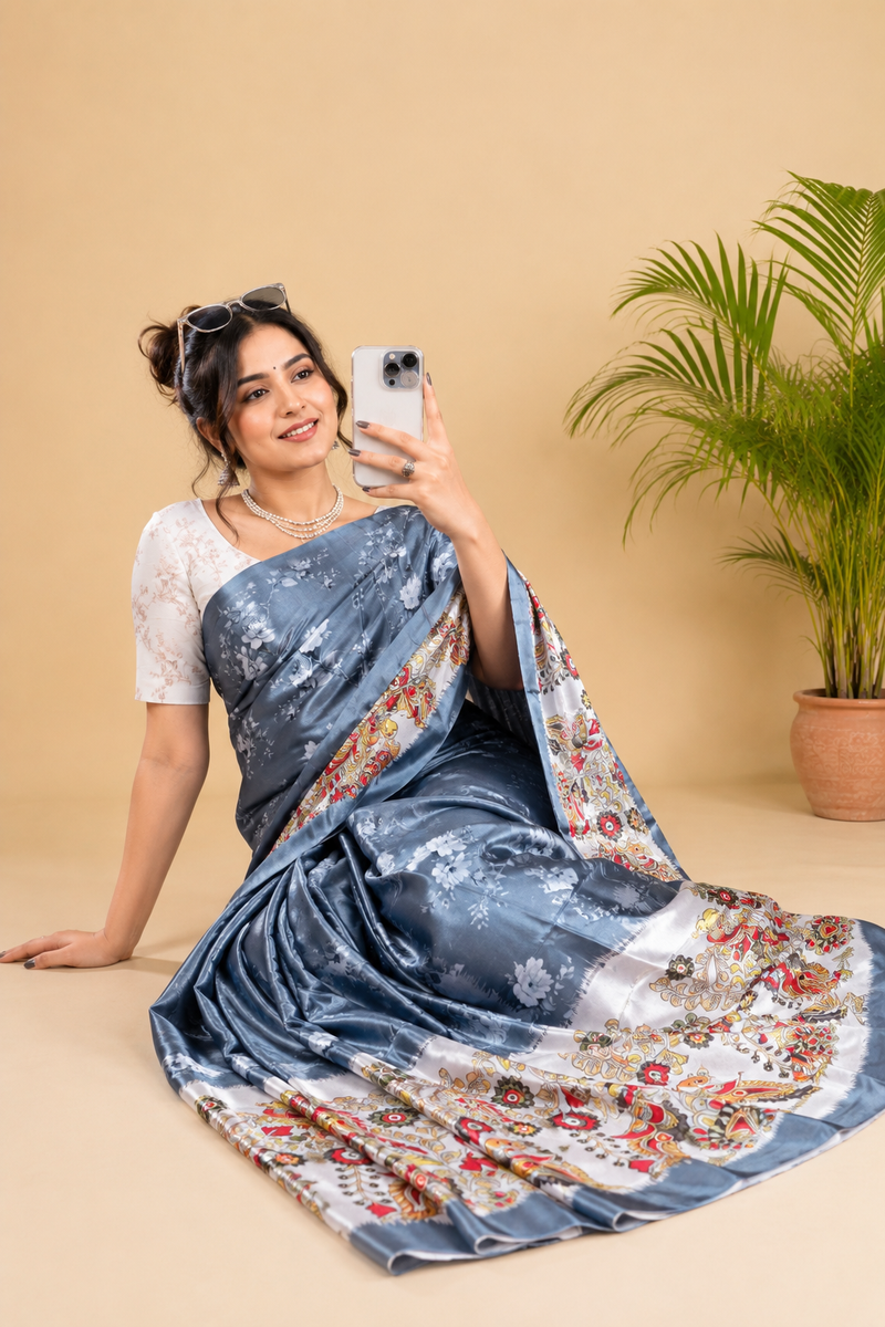 Steel Blue Paithani Print Satin Saree