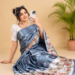 Steel Blue Paithani Print Satin Saree