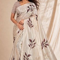 Elegant Beige Leaf Print Chiffon Silk Saree