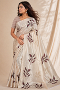 Elegant Beige Leaf Print Chiffon Silk Saree