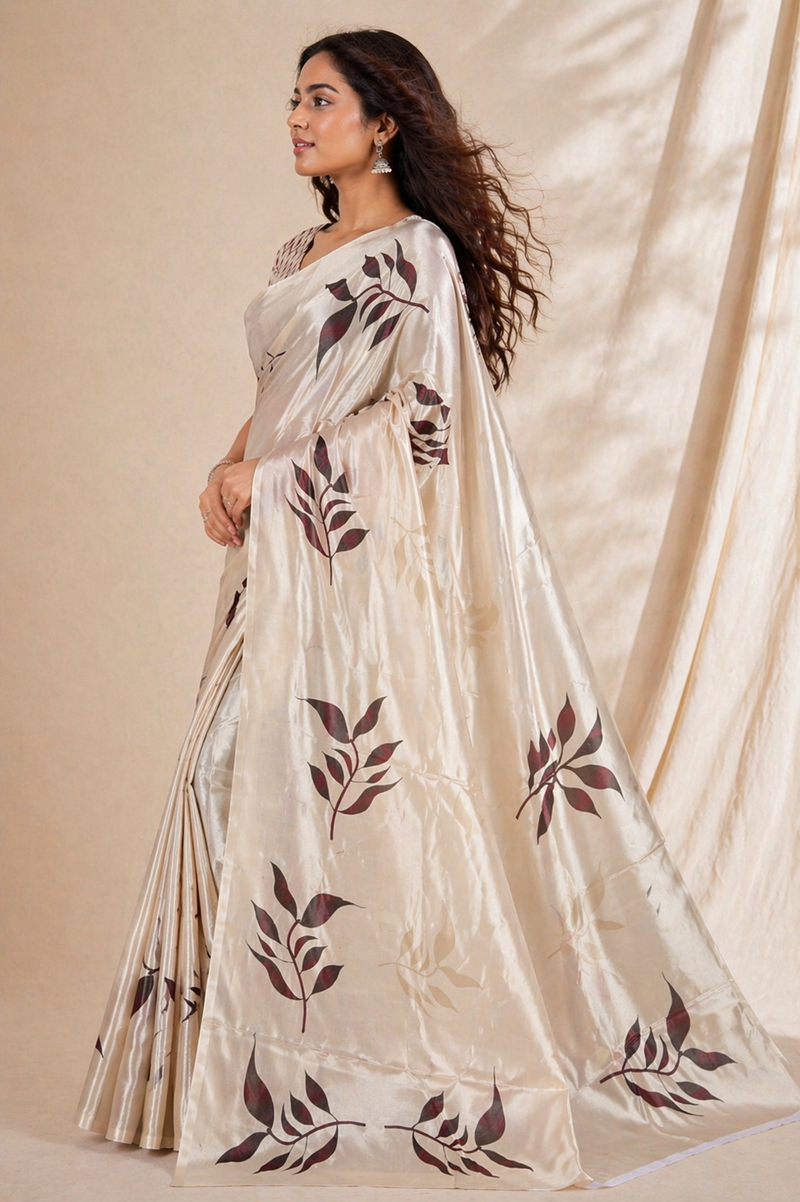 Elegant Beige Leaf Print Chiffon Silk Saree