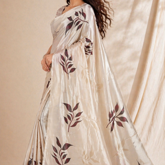 Elegant Beige Leaf Print Chiffon Silk Saree