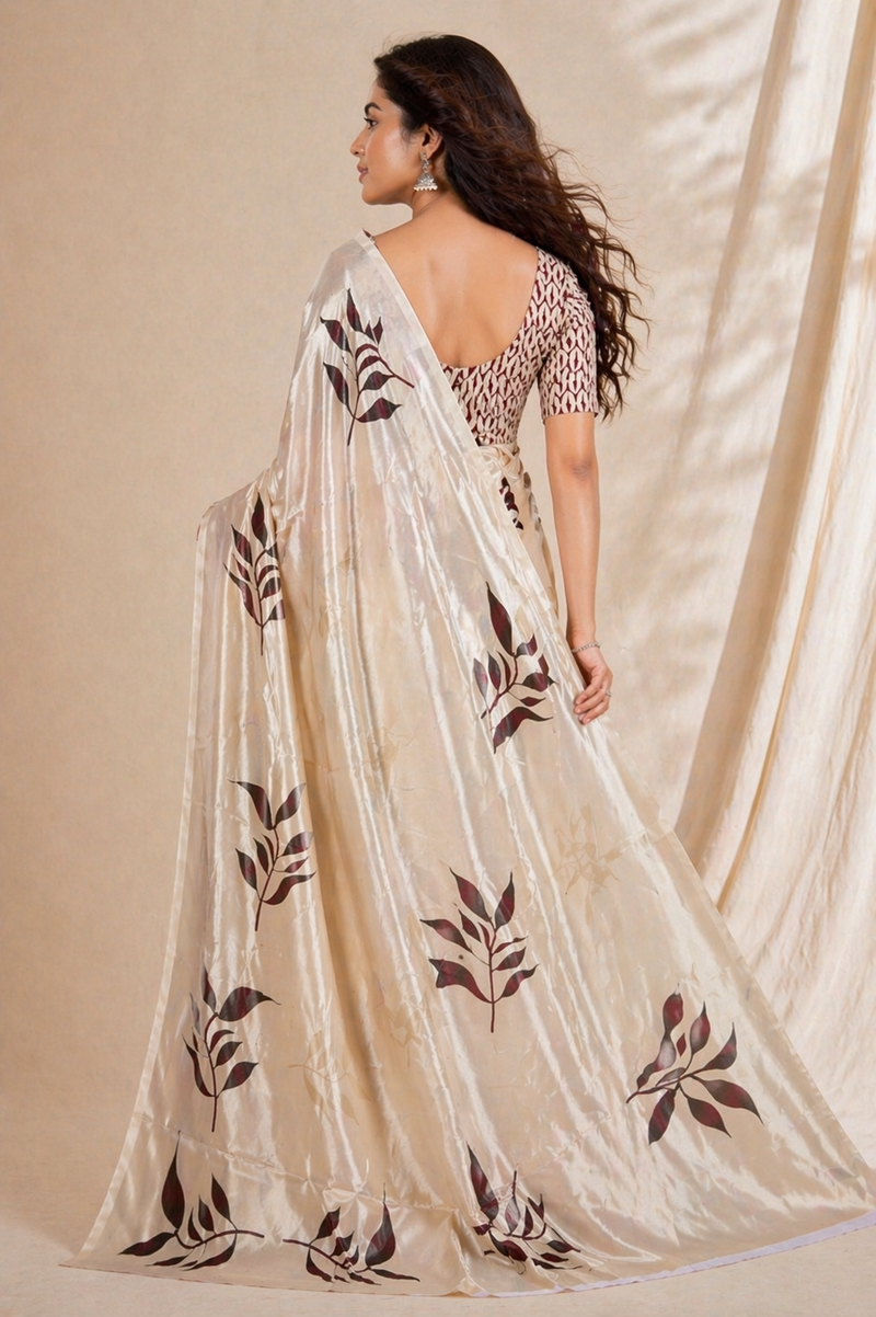 Elegant Beige Leaf Print Chiffon Silk Saree